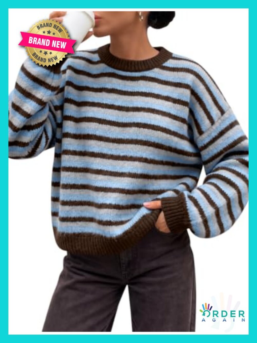 Women Striped Oversized Knit Sweater Long Sleeve Crew Neck Cozy Fall Winter
